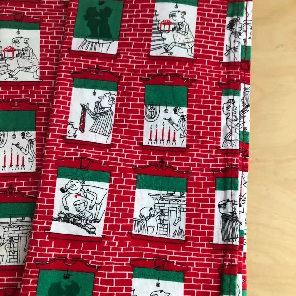Vintage MCM Christmas Holiday Red White Cartoon Linen Dinner Napkins - Set of 8